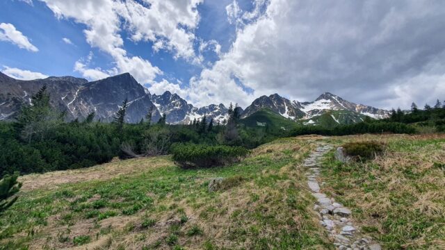 Stone path through grassy meadow leading to snow-capped mountains under a partly cloudy blue sky