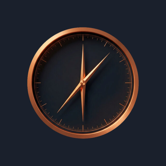 Copper-framed compass with black dial showing northeast a dark background