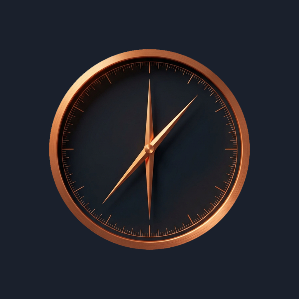 Copper-framed compass with black dial showing northeast a dark background