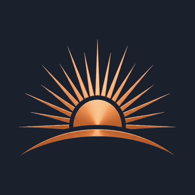 Copper stylised sunrise with radiating rays above a curved horizon on dark background