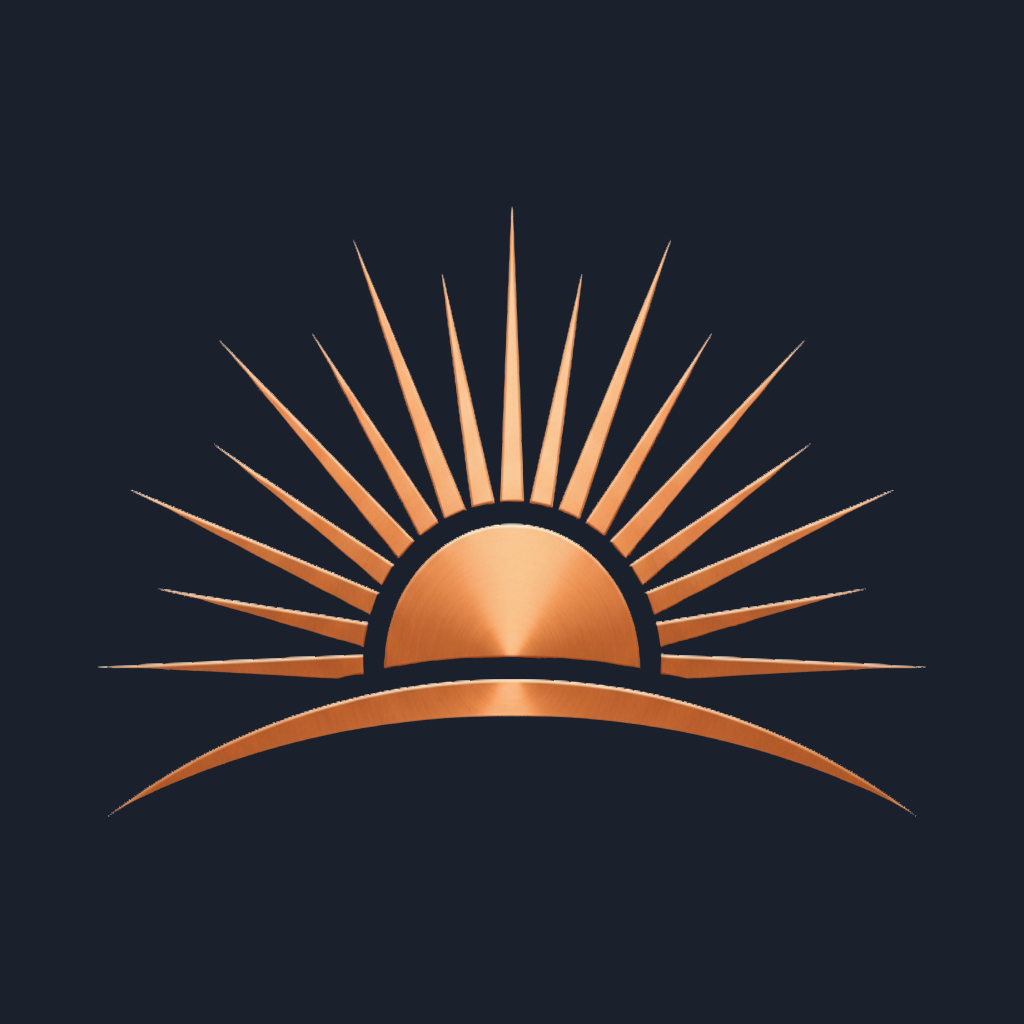 Copper stylised sunrise with radiating rays above a curved horizon on dark background