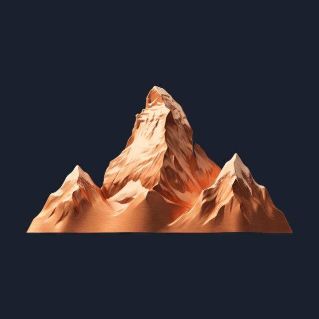 Stylised copper-coloured mountain range with three snow-dusted peaks on a dark background
